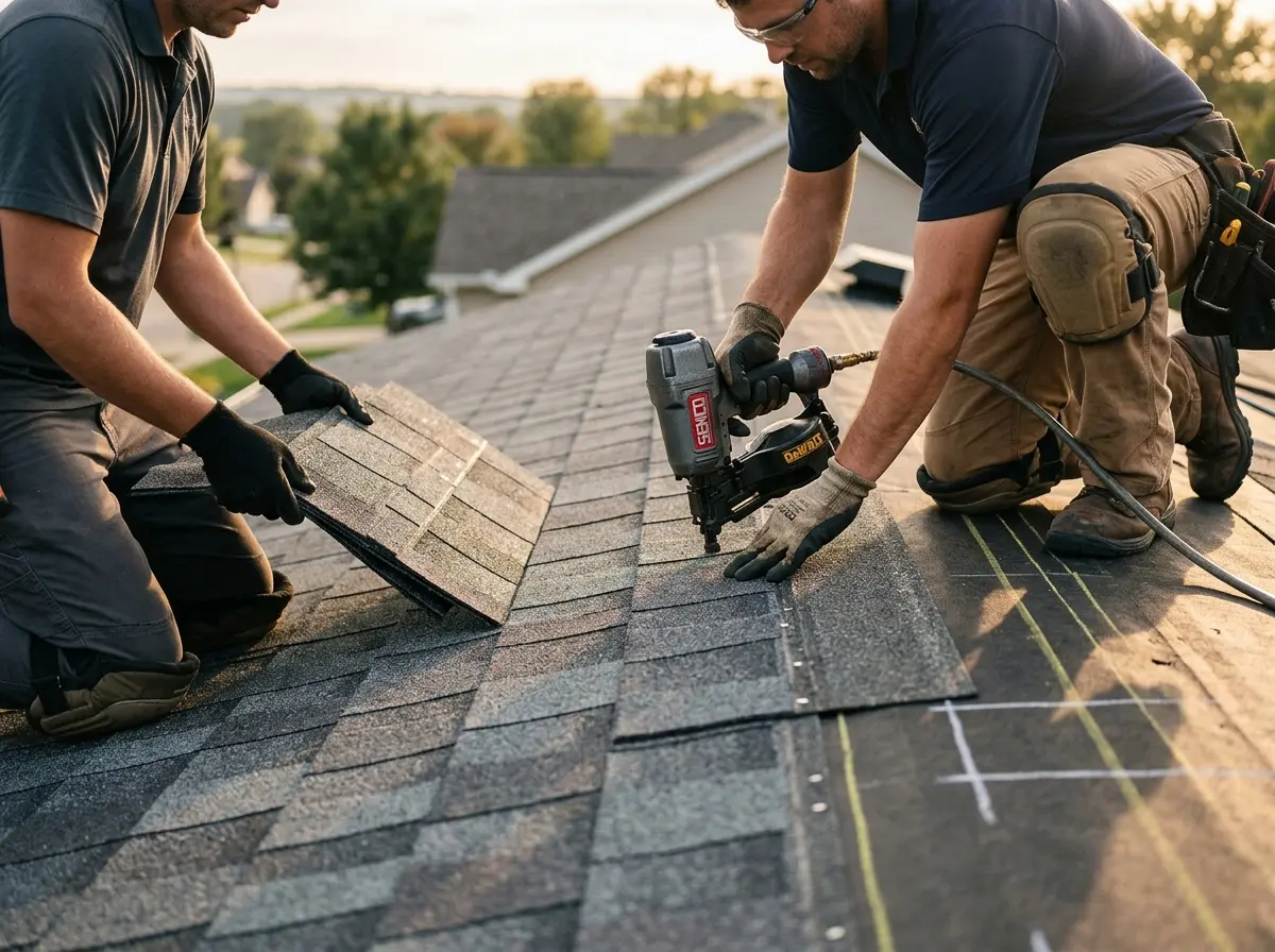 Professional roofer working on a residential roof in Youngstown